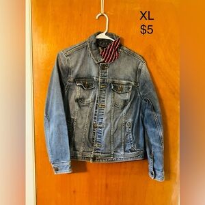 H&M Blue Denim Jacket with Red Striped Collar